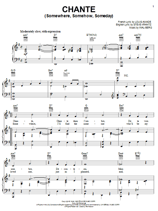Steve Krantz Chante (Somewhere, Somehow, Someday) Sheet Music Notes & Chords for Piano, Vocal & Guitar (Right-Hand Melody) - Download or Print PDF