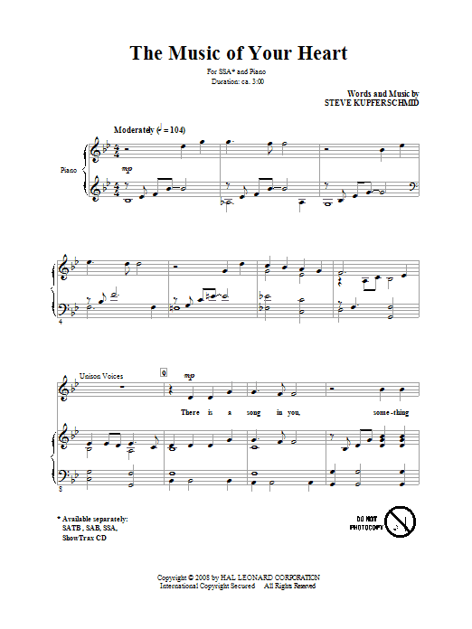 Steve Kupferschmid The Music Of Your Heart Sheet Music Notes & Chords for SSA - Download or Print PDF