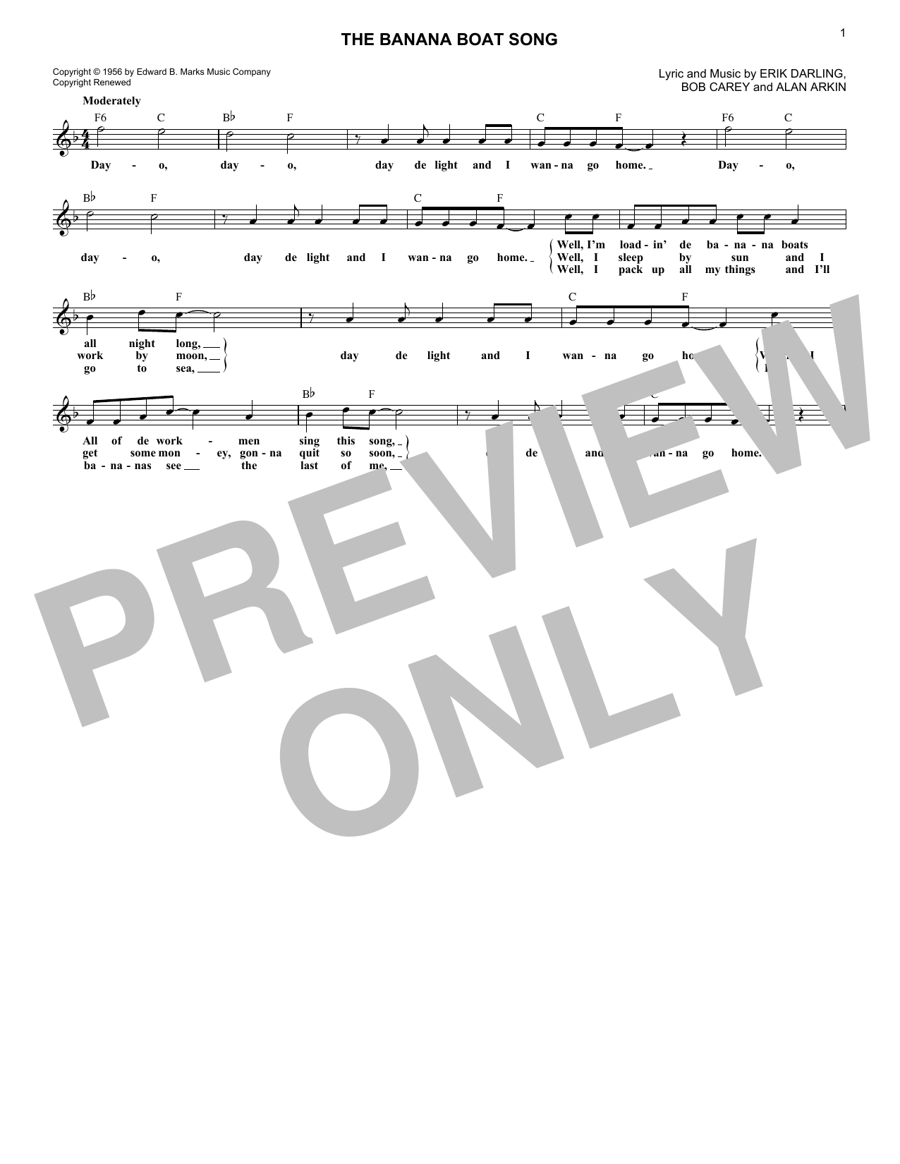 Steve Lawrence The Banana Boat Song Sheet Music Notes & Chords for Melody Line, Lyrics & Chords - Download or Print PDF