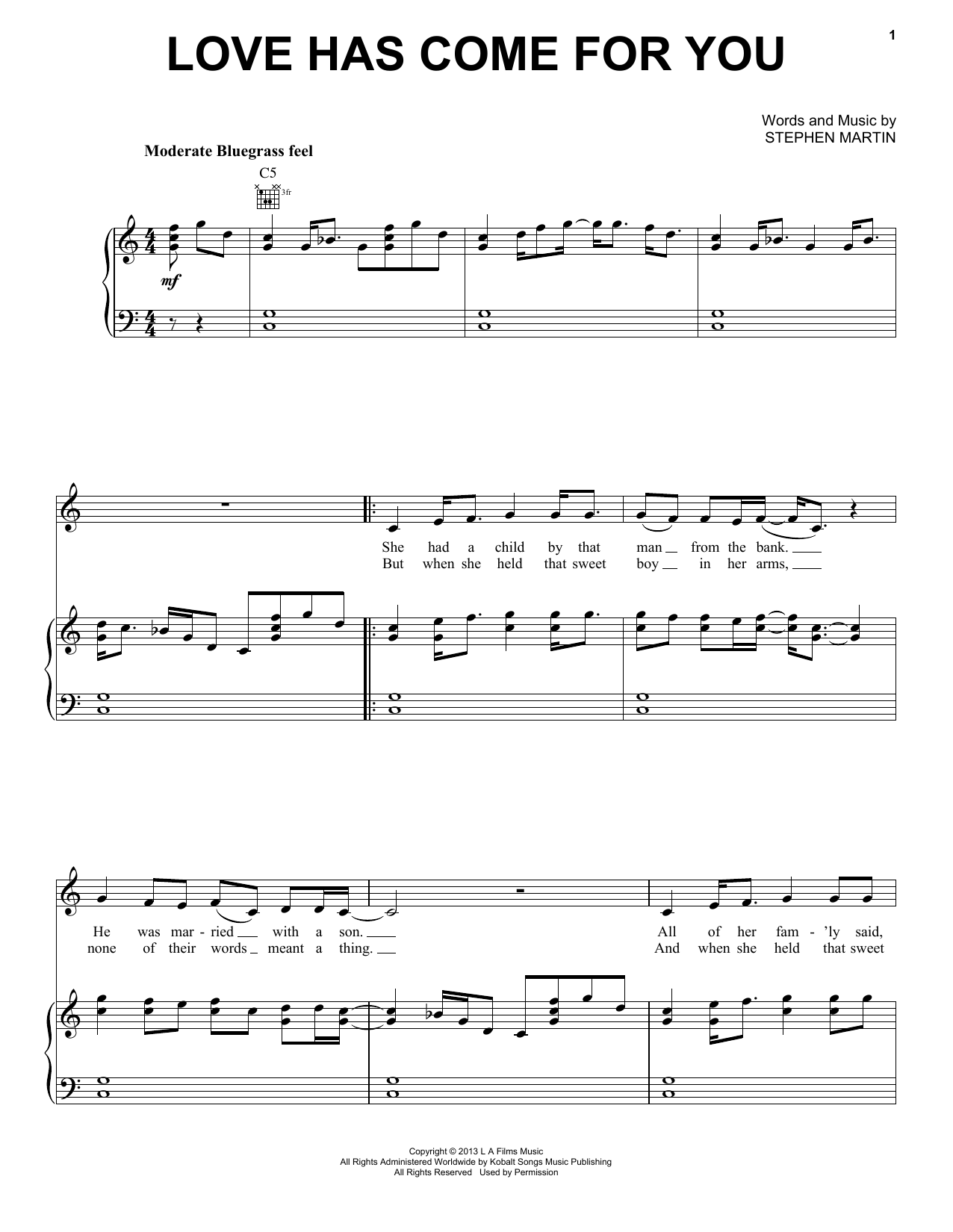 Steve Martin & Edie Brickell Love Has Come For You Sheet Music Notes & Chords for Piano, Vocal & Guitar (Right-Hand Melody) - Download or Print PDF