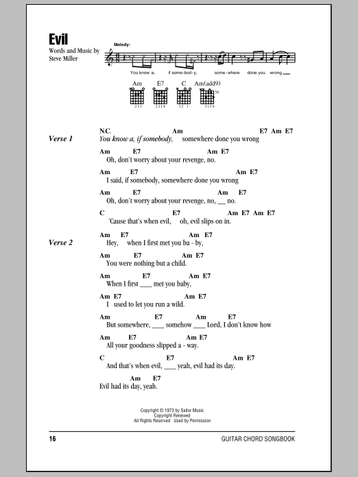 Steve Miller Band Evil Sheet Music Notes & Chords for Lyrics & Chords - Download or Print PDF Steve Miller Band Evil Sheet Music Notes & Chords for Lyrics & Chords - Download or Print PDF