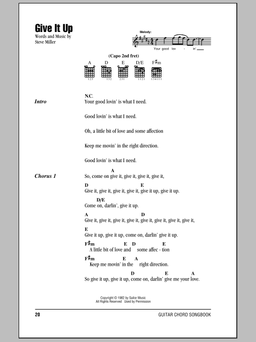 Steve Miller Band Give It Up Sheet Music Notes & Chords for Lyrics & Chords - Download or Print PDF