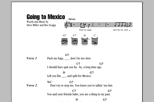 Steve Miller Band Going To Mexico Sheet Music Notes & Chords for Lyrics & Chords - Download or Print PDF