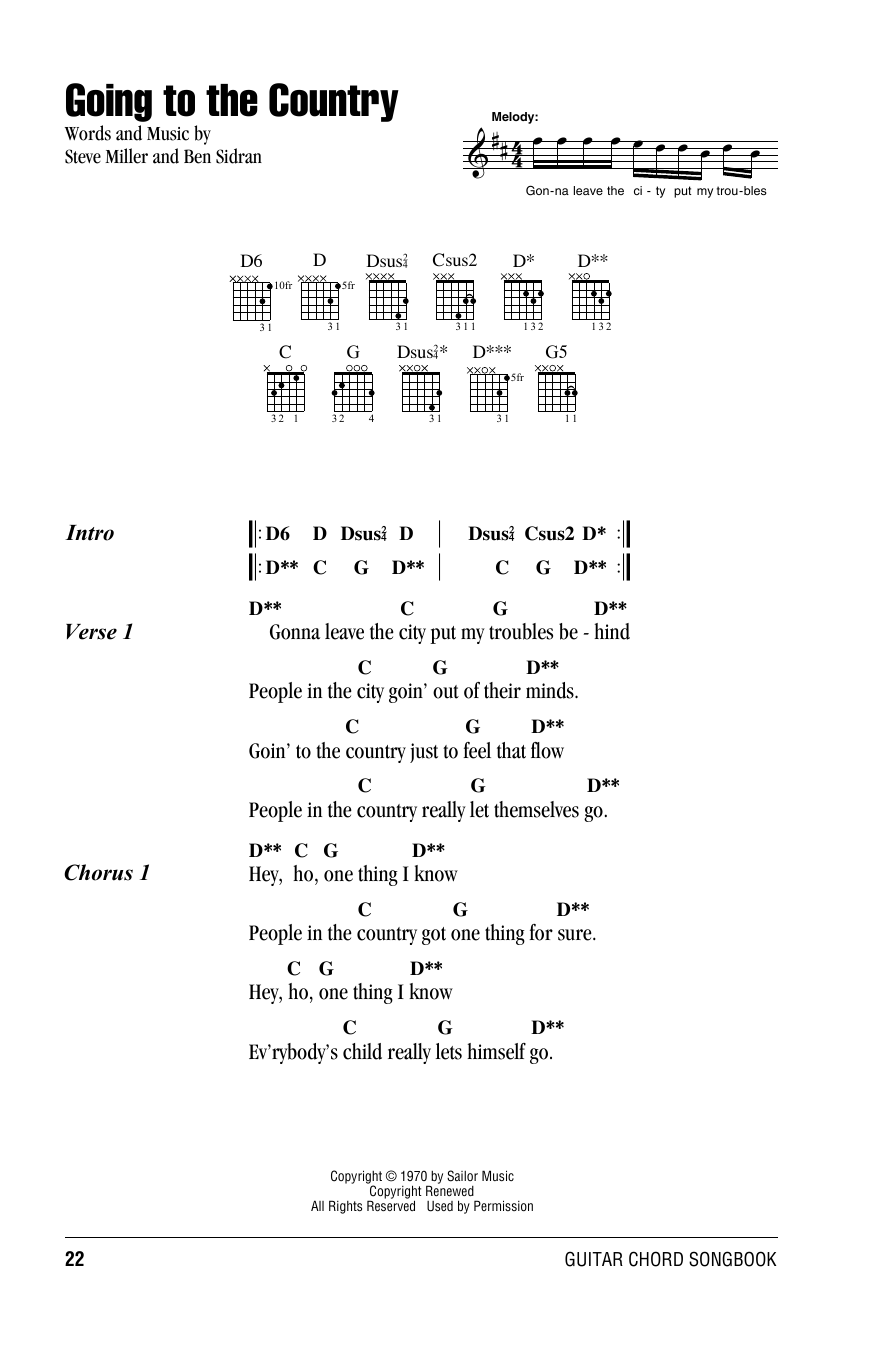 Steve Miller Band Going To The Country Sheet Music Notes & Chords for Lyrics & Chords - Download or Print PDF