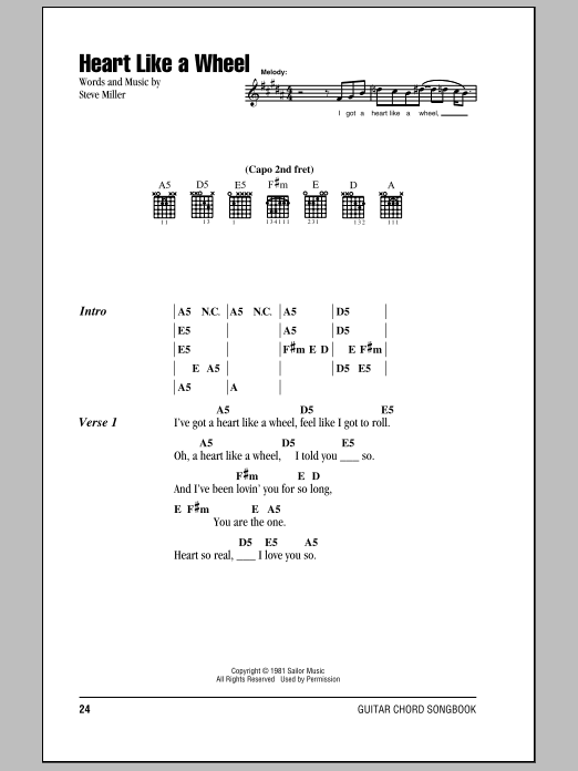 Steve Miller Band Heart Like A Wheel Sheet Music Notes & Chords for Lyrics & Chords - Download or Print PDF