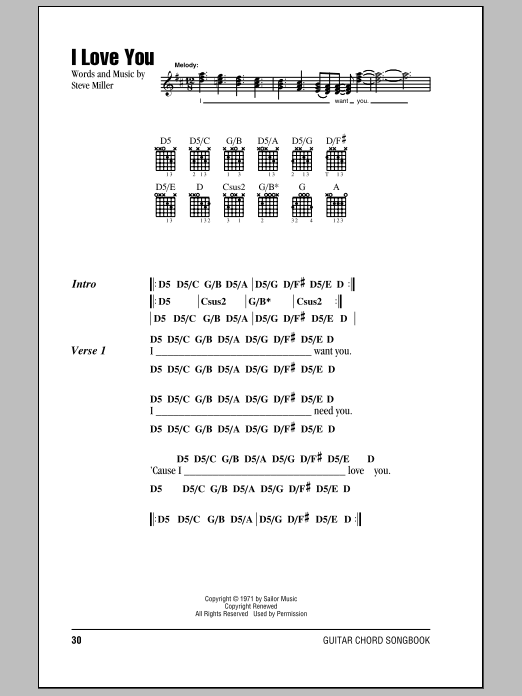 Steve Miller Band I Love You Sheet Music Notes & Chords for Lyrics & Chords - Download or Print PDF