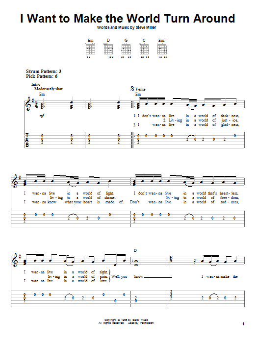 Steve Miller Band I Want To Make The World Turn Around Sheet Music Notes & Chords for Easy Guitar Tab - Download or Print PDF