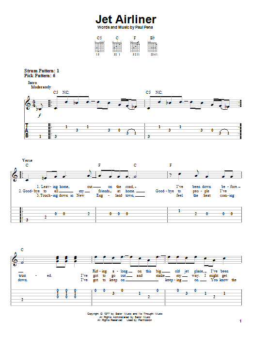 Steve Miller Band Jet Airliner Sheet Music Notes & Chords for Easy Guitar Tab - Download or Print PDF