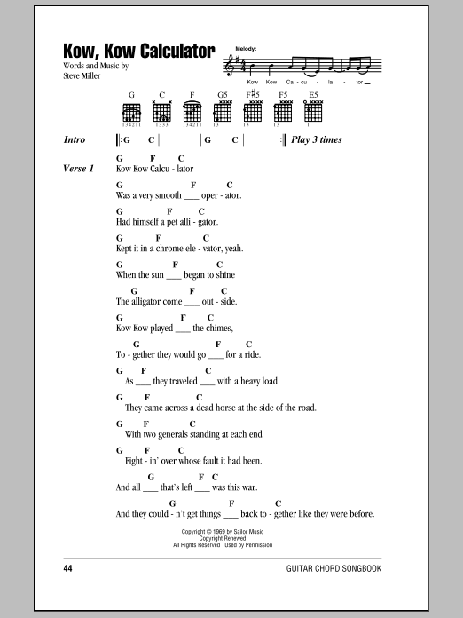 Steve Miller Band Kow, Kow Calculator Sheet Music Notes & Chords for Lyrics & Chords - Download or Print PDF