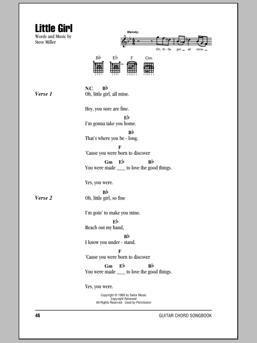 Steve Miller Band Little Girl Sheet Music Notes & Chords for Lyrics & Chords - Download or Print PDF