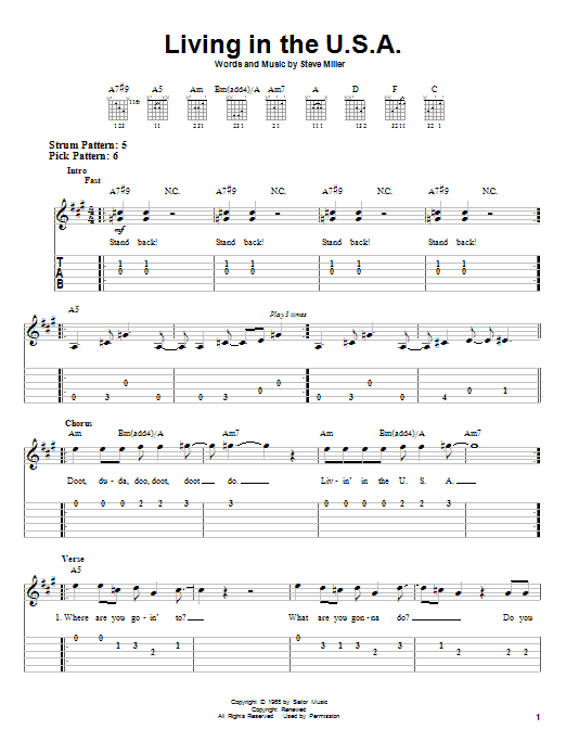 Steve Miller Band Living In The U.S.A. Sheet Music Notes & Chords for Easy Guitar Tab - Download or Print PDF