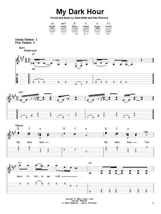 Steve Miller Band My Dark Hour Sheet Music Notes & Chords for Lyrics & Chords - Download or Print PDF
