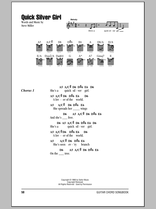 Steve Miller Band Quick Silver Girl Sheet Music Notes & Chords for Lyrics & Chords - Download or Print PDF