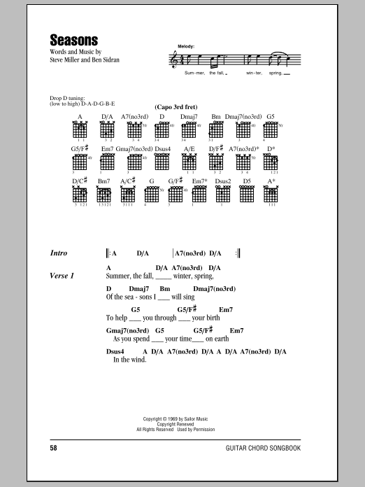 Steve Miller Band Seasons Sheet Music Notes & Chords for Lyrics & Chords - Download or Print PDF