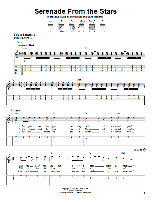 Steve Miller Band Serenade From The Stars Sheet Music Notes & Chords for Easy Guitar Tab - Download or Print PDF