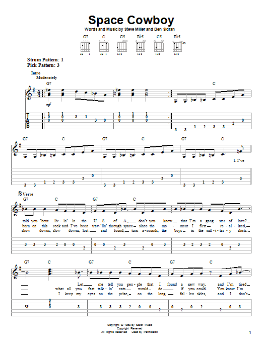 Steve Miller Band Space Cowboy Sheet Music Notes & Chords for Easy Guitar Tab - Download or Print PDF