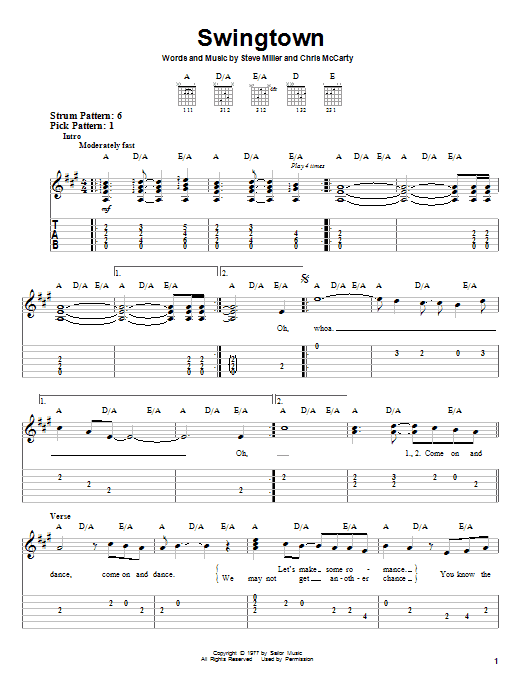 Steve Miller Band Swingtown Sheet Music Notes & Chords for Easy Guitar Tab - Download or Print PDF