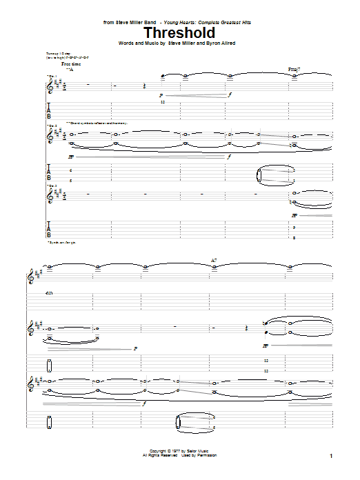 Steve Miller Band Threshold Sheet Music Notes & Chords for Guitar Tab - Download or Print PDF