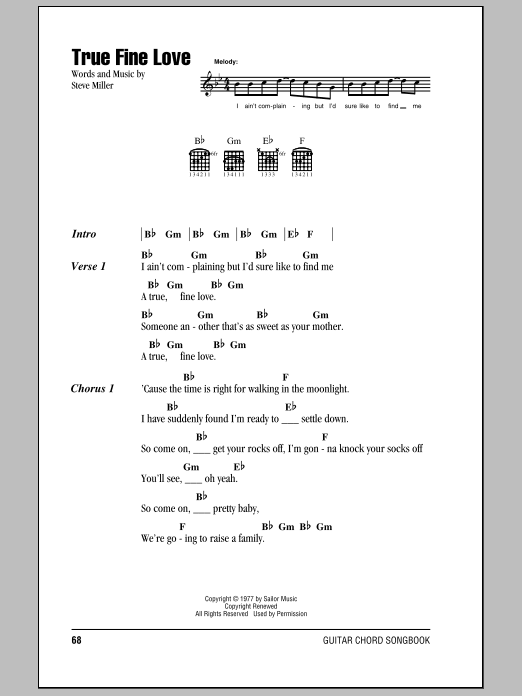 Steve Miller Band True Fine Love Sheet Music Notes & Chords for Lyrics & Chords - Download or Print PDF