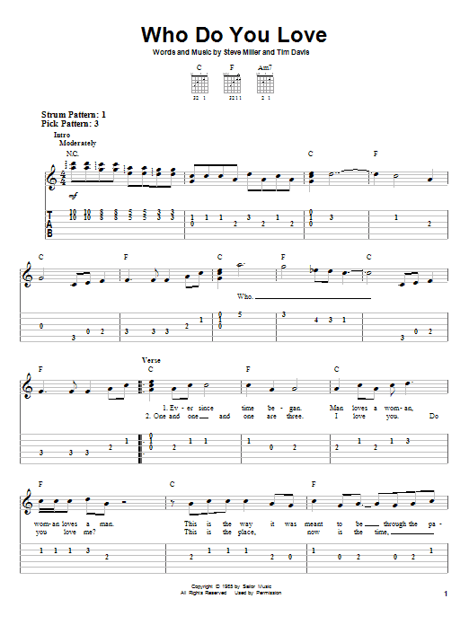 Steve Miller Band Who Do You Love Sheet Music Notes & Chords for Easy Guitar Tab - Download or Print PDF