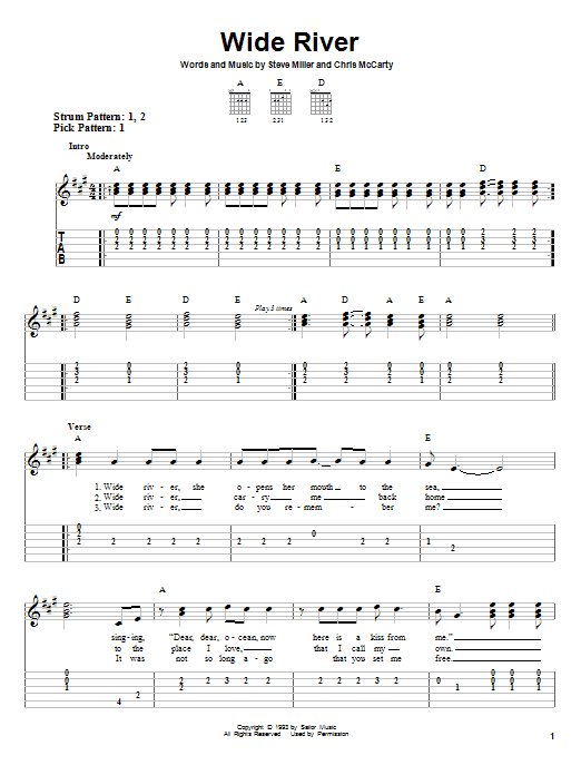 Steve Miller Band Wide River Sheet Music Notes & Chords for Piano, Vocal & Guitar (Right-Hand Melody) - Download or Print PDF
