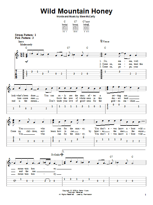 Steve Miller Band Wild Mountain Honey Sheet Music Notes & Chords for Easy Guitar Tab - Download or Print PDF