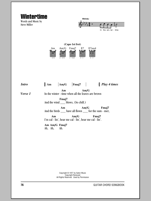 Steve Miller Band Wintertime Sheet Music Notes & Chords for Lyrics & Chords - Download or Print PDF