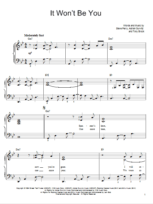Steve Perry It Won't Be You Sheet Music Notes & Chords for Easy Piano - Download or Print PDF