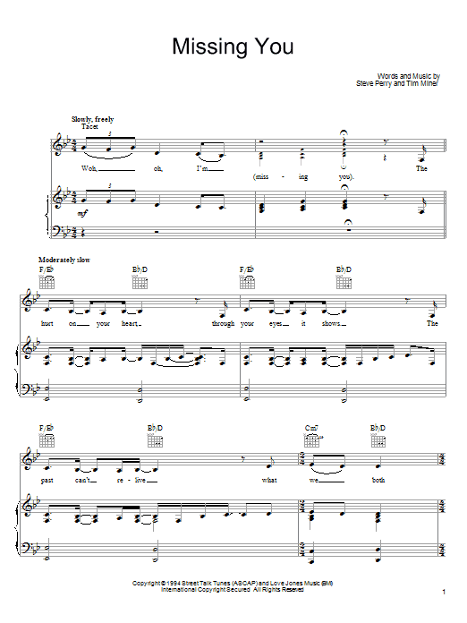 Steve Perry Missing You Sheet Music Notes & Chords for Piano, Vocal & Guitar (Right-Hand Melody) - Download or Print PDF