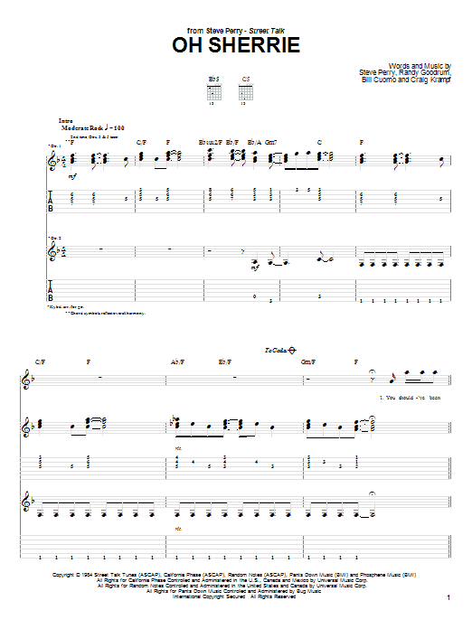 Steve Perry Oh Sherrie Sheet Music Notes & Chords for Melody Line, Lyrics & Chords - Download or Print PDF