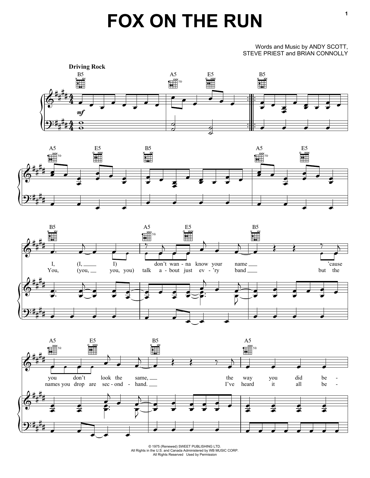 Steve Priest Fox On The Run Sheet Music Notes & Chords for Piano, Vocal & Guitar (Right-Hand Melody) - Download or Print PDF