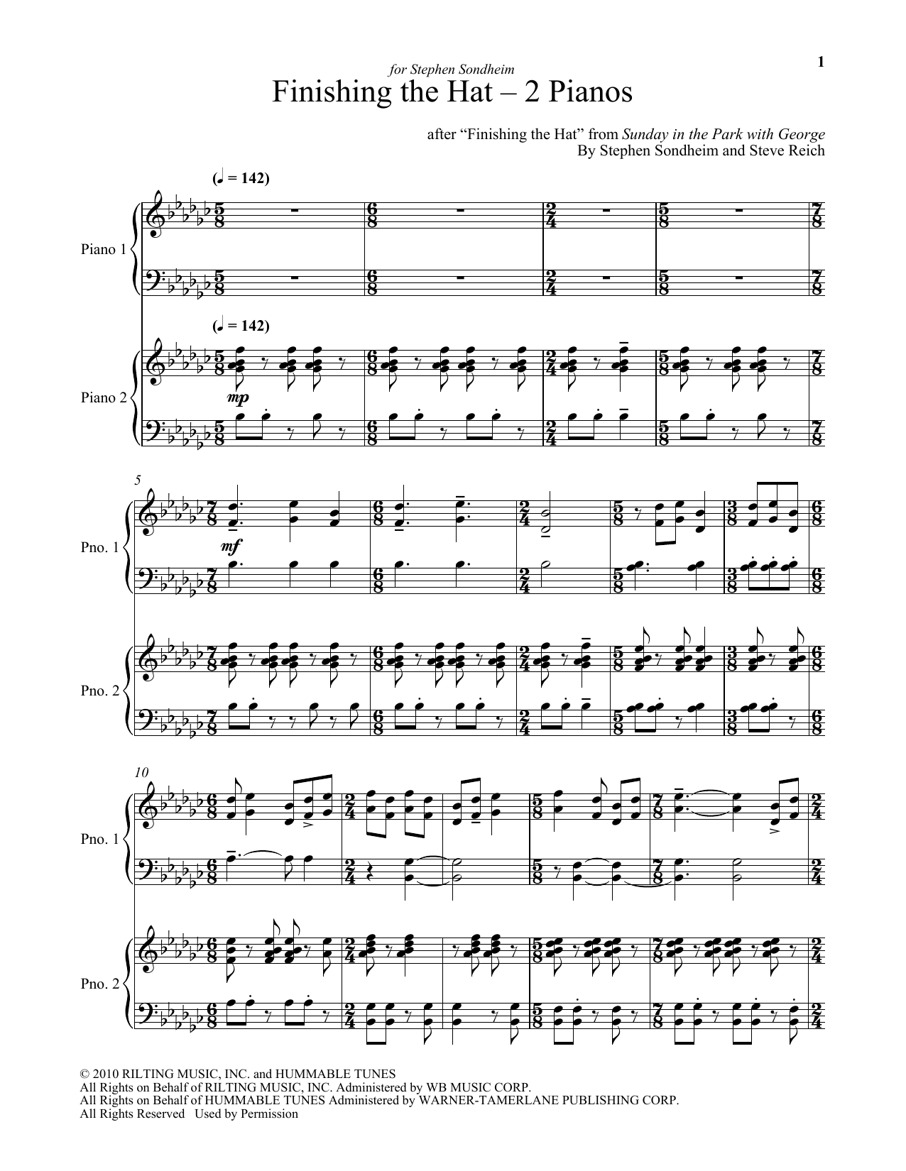 Steve Reich Finishing The Hat - Two Pianos Sheet Music Notes & Chords for Piano Duet - Download or Print PDF