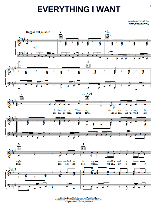Steve Rushton Everything I Want Sheet Music Notes & Chords for Piano, Vocal & Guitar (Right-Hand Melody) - Download or Print PDF