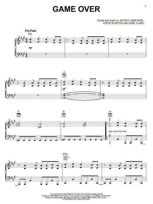 Steve Rushton Game Over Sheet Music Notes & Chords for Piano, Vocal & Guitar (Right-Hand Melody) - Download or Print PDF