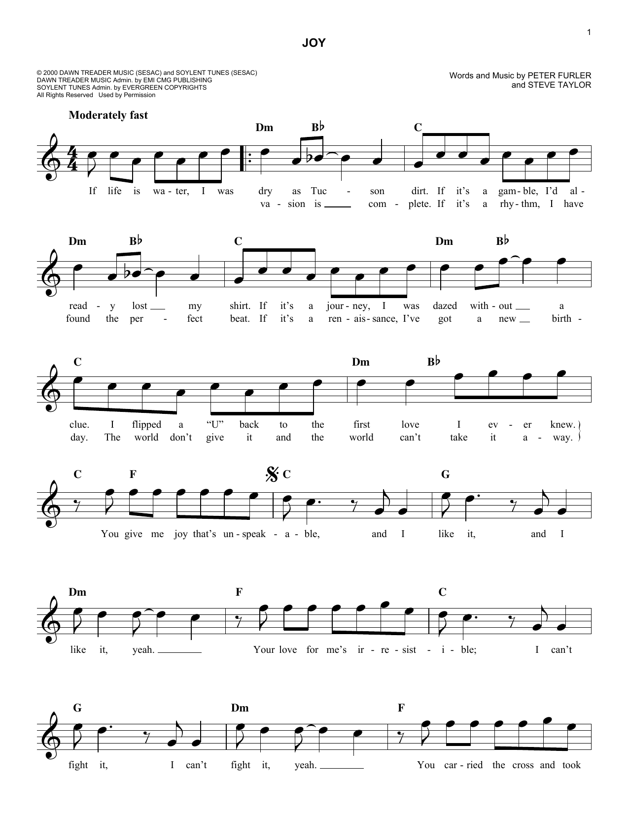 Steve Taylor Joy Sheet Music Notes & Chords for Melody Line, Lyrics & Chords - Download or Print PDF