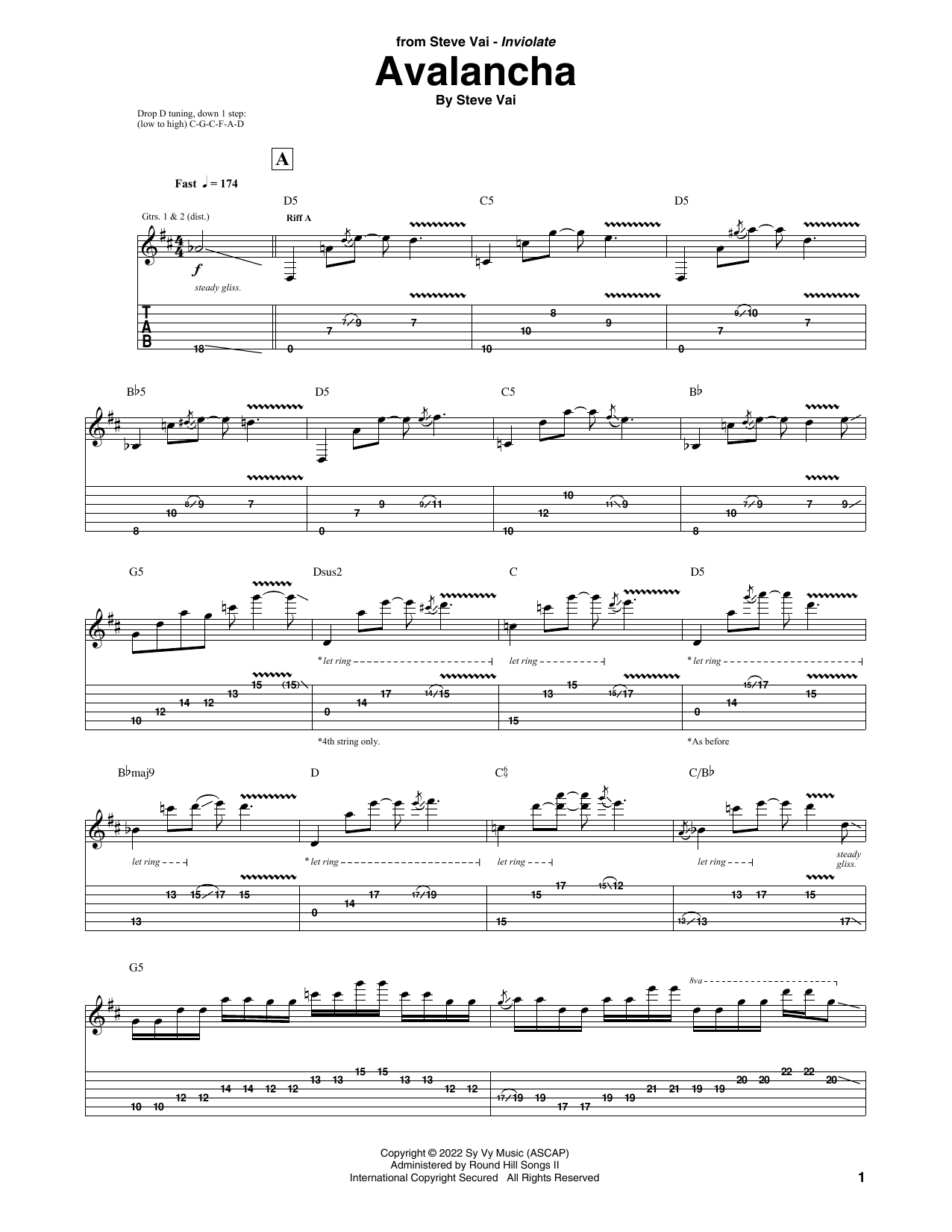 Steve Vai Avalancha Sheet Music Notes & Chords for Guitar Tab - Download or Print PDF