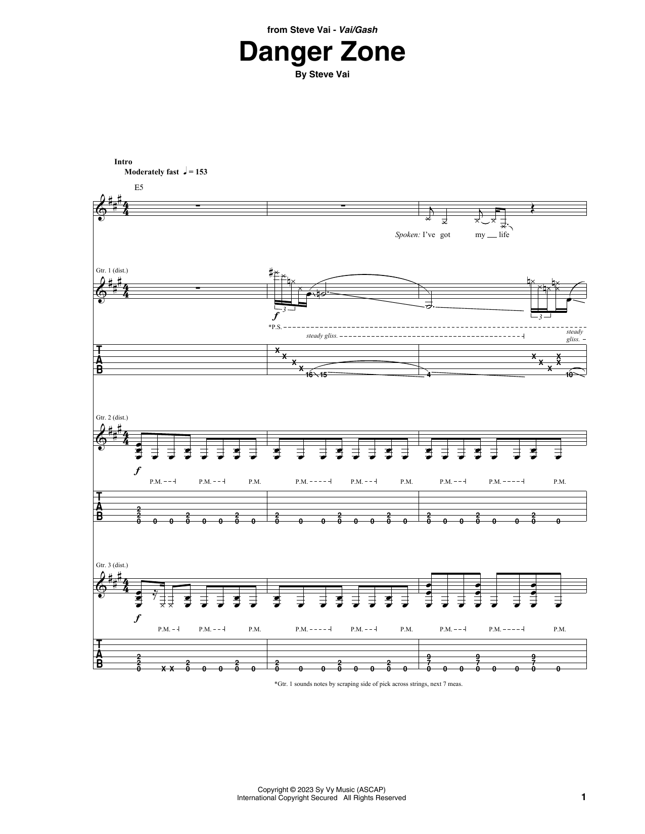Steve Vai Danger Zone Sheet Music Notes & Chords for Guitar Tab - Download or Print PDF