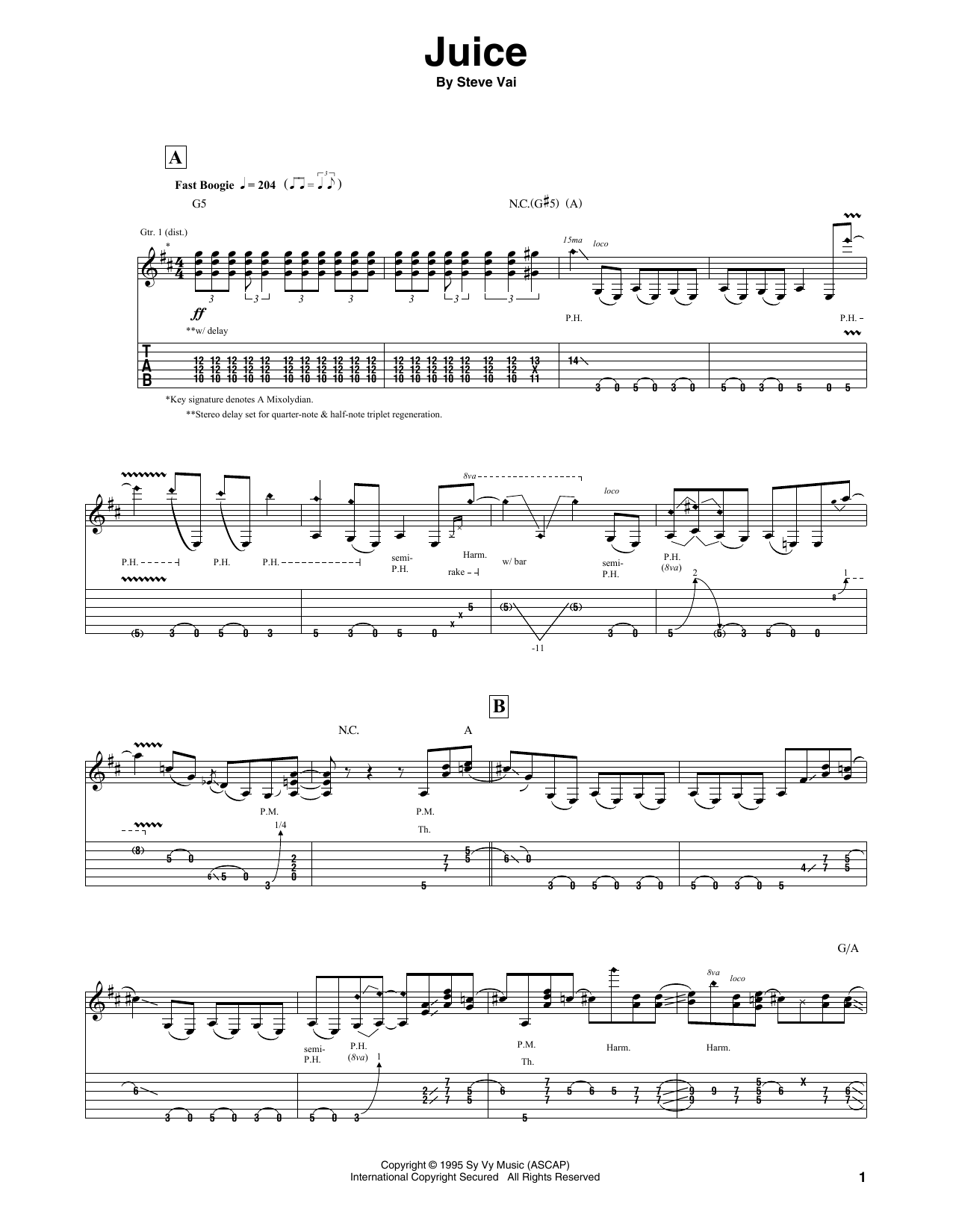 Steve Vai Juice Sheet Music Notes & Chords for Guitar Tab - Download or Print PDF