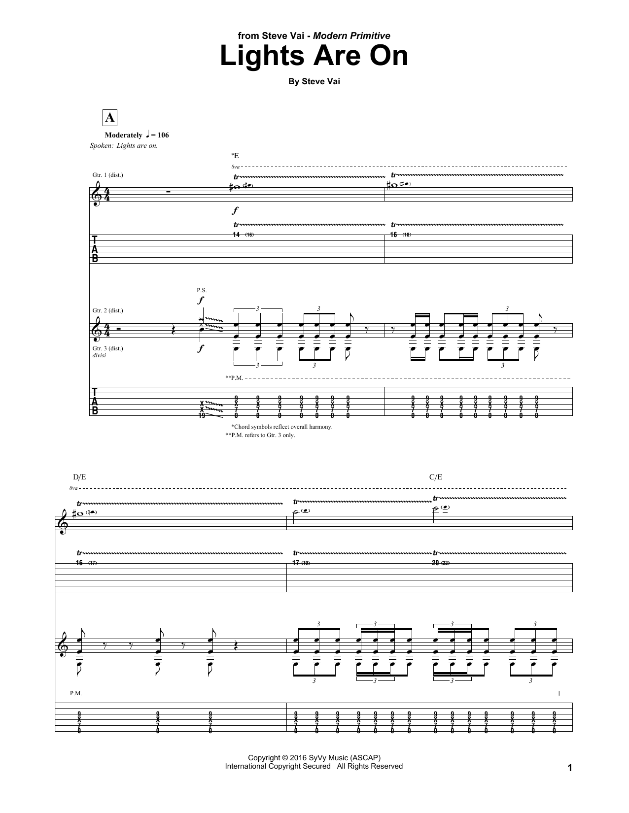 Steve Vai Lights Are On Sheet Music Notes & Chords for Guitar Tab - Download or Print PDF