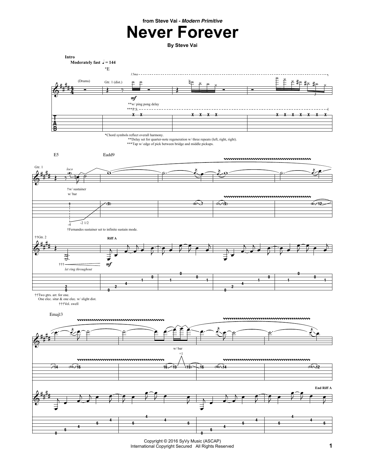 Steve Vai Never Forever Sheet Music Notes & Chords for Guitar Tab - Download or Print PDF