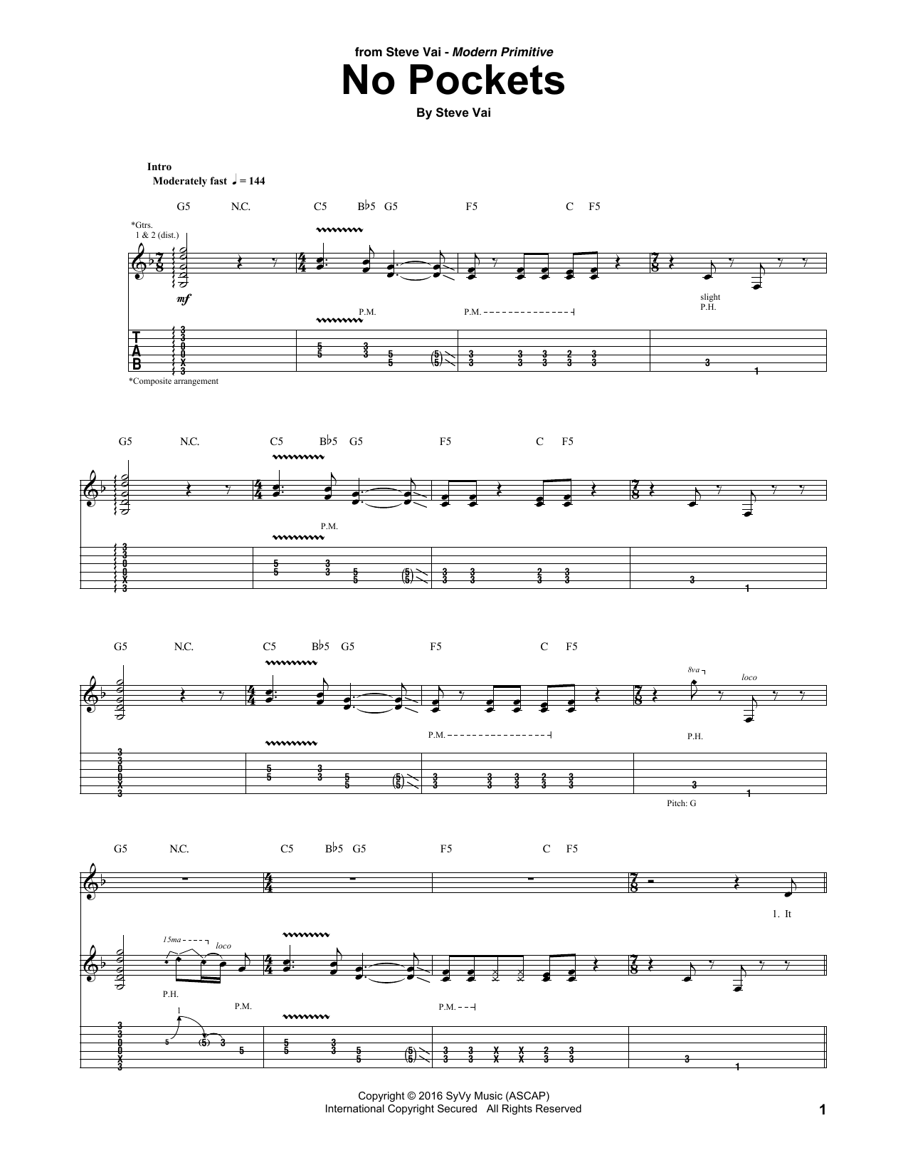 Steve Vai No Pockets Sheet Music Notes & Chords for Guitar Tab - Download or Print PDF