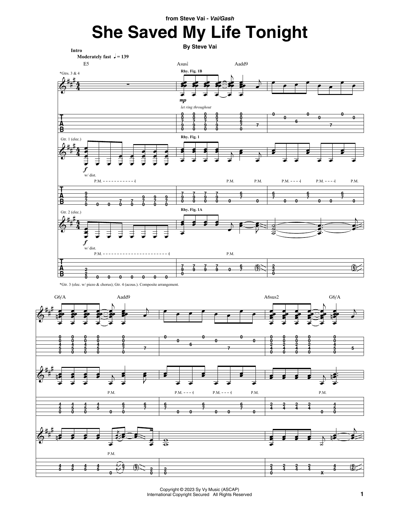 Steve Vai She Saved My Life Tonight Sheet Music Notes & Chords for Guitar Tab - Download or Print PDF