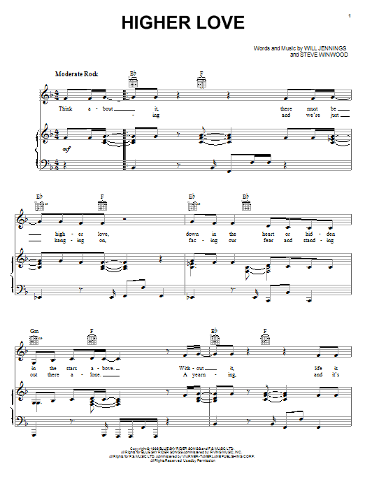 Steve Winwood Higher Love Sheet Music Notes & Chords for Piano, Vocal & Guitar - Download or Print PDF