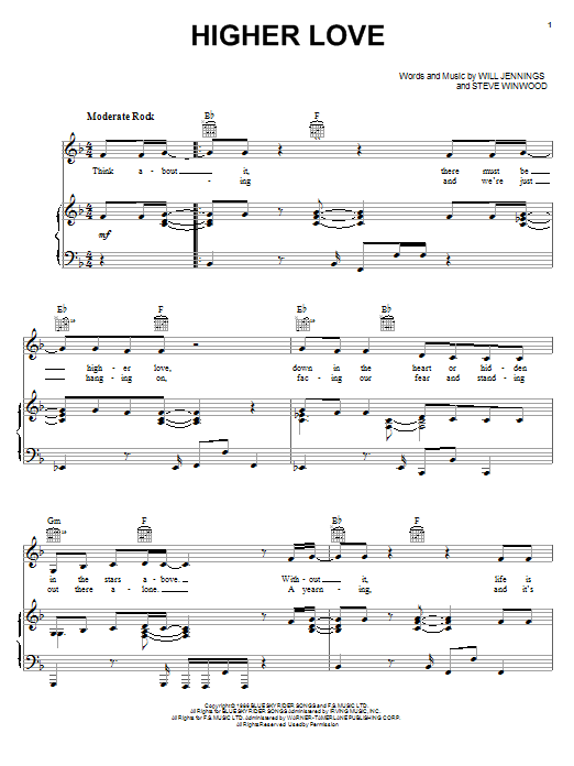 Steve Winwood Higher Love sheet music notes and chords. Download Printable PDF.