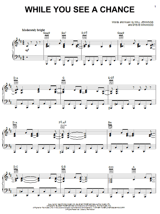 Steve Winwood While You See A Chance Sheet Music Notes & Chords for Lyrics & Chords - Download or Print PDF