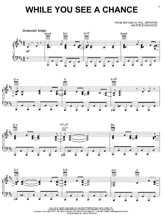Steve Winwood While You See A Chance Sheet Music Notes & Chords for Melody Line, Lyrics & Chords - Download or Print PDF