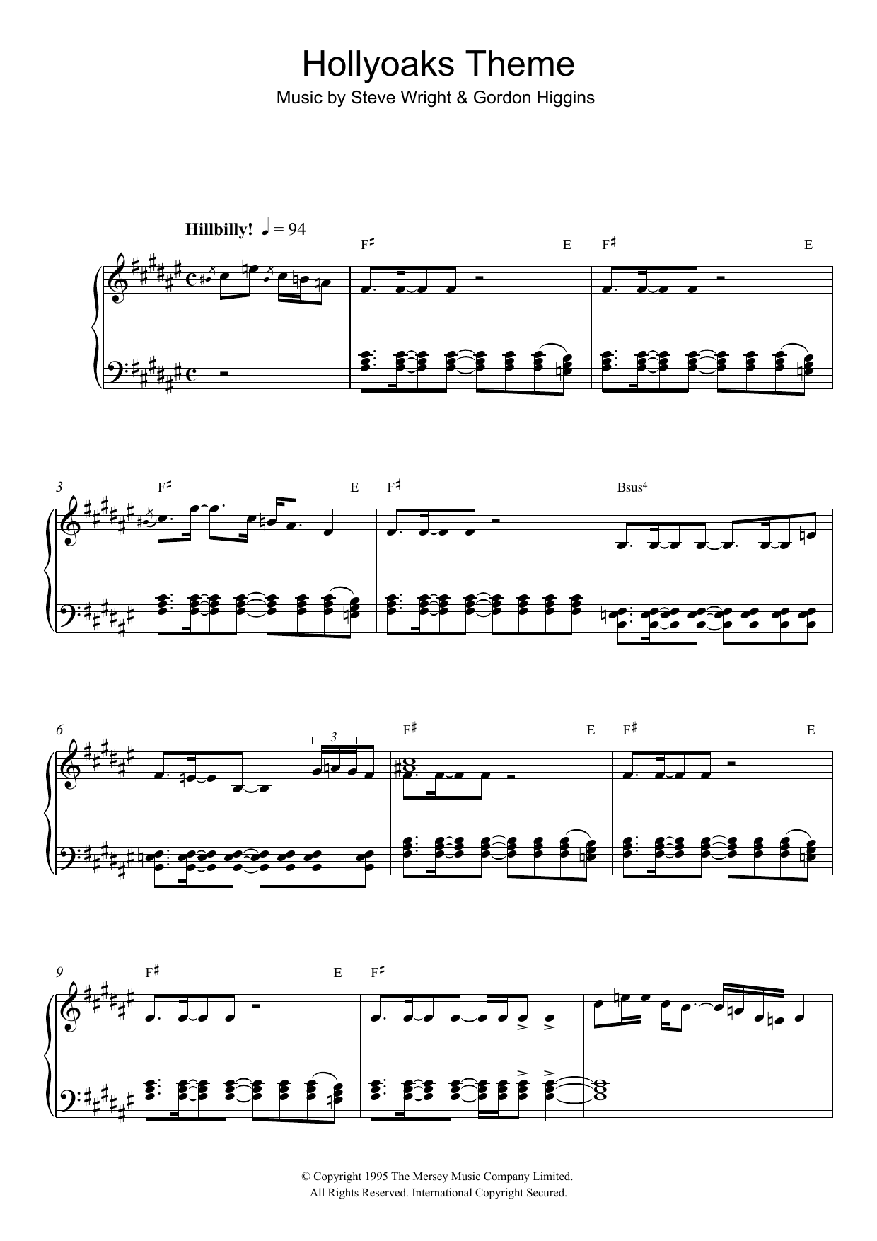 Steve Wright Hollyoaks Theme Sheet Music Notes & Chords for Piano - Download or Print PDF