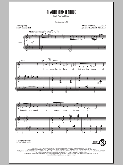 Steve Zegree A Wink And A Smile Sheet Music Notes & Chords for 2-Part Choir - Download or Print PDF