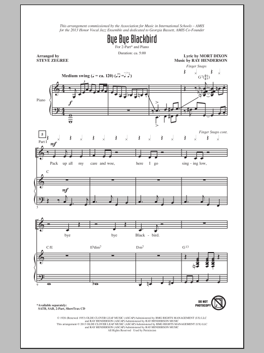 Ray Henderson Bye Bye Blackbird (arr. Steve Zegree) Sheet Music Notes & Chords for 2-Part Choir - Download or Print PDF