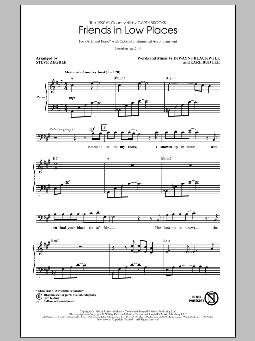 Steve Zegree Friends In Low Places Sheet Music Notes & Chords for SATB - Download or Print PDF